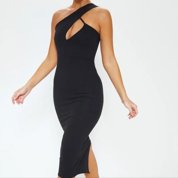 black one shoulder asymmetric neck midi dress Amarante Black One Shoulder Asymmetrical Midi Dress main image 1